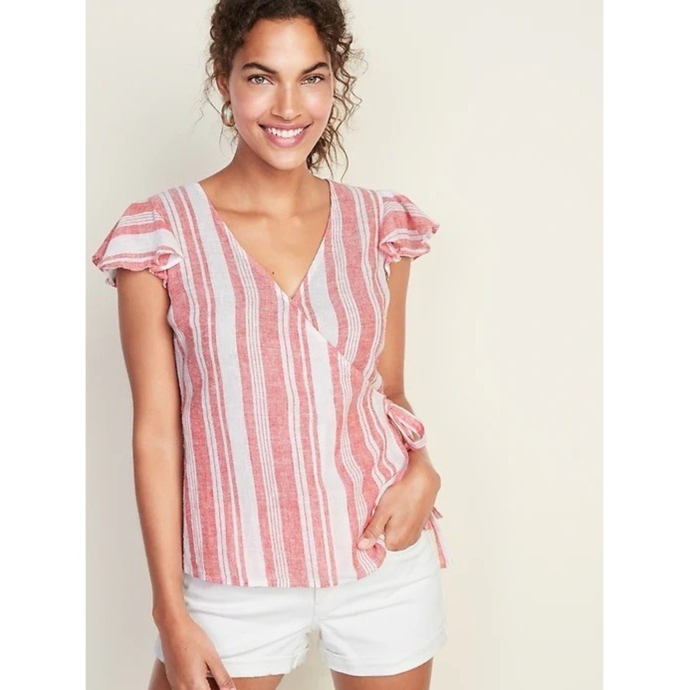 Old Navy Women Striped Linen-Blend Wrap Top Size Large Red Stripe Beachy Preppy